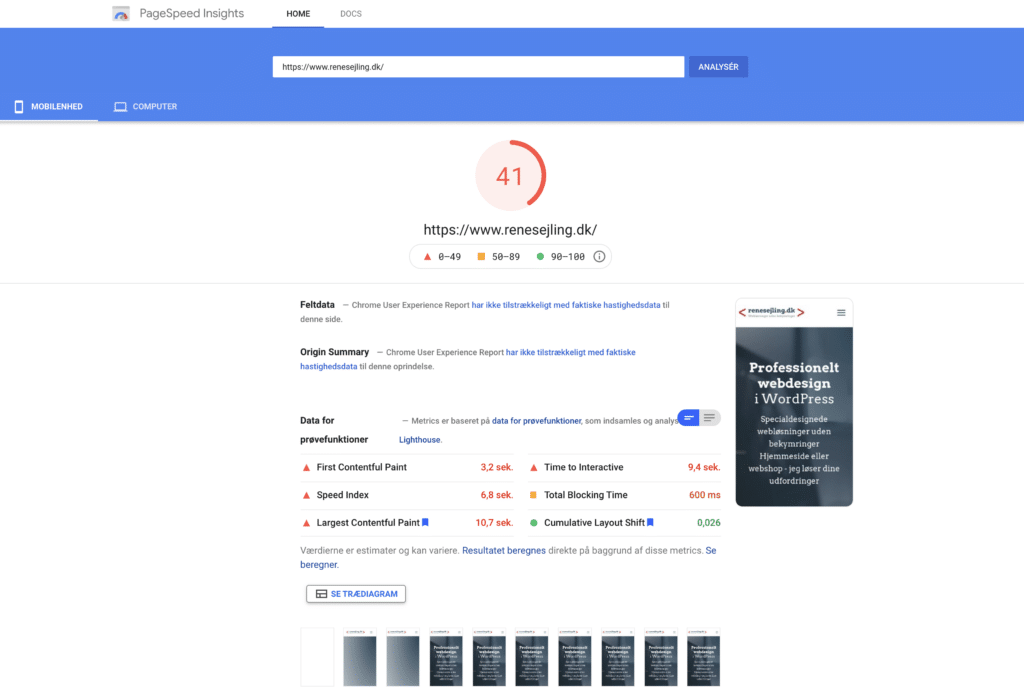 Score på mobil før WordPress hastighedsoptimering. renesejling.dk